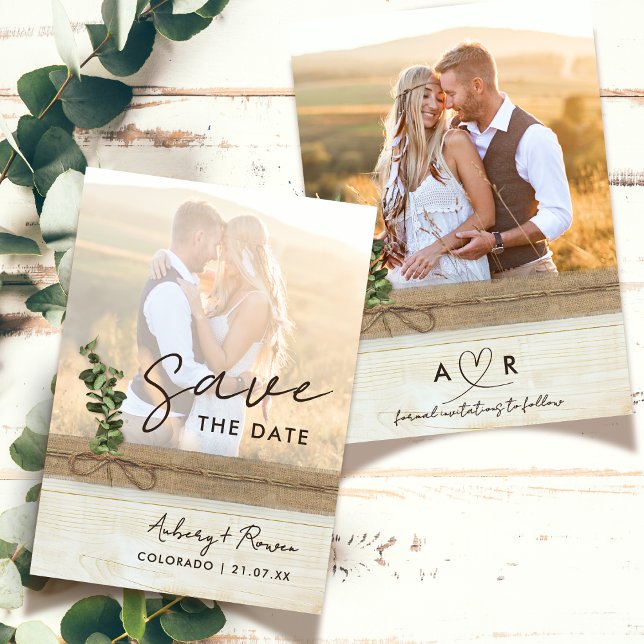 Rustic Neutral Burlap Wood Eucalyptus Boho Photo Save The Date (Creator Uploaded)