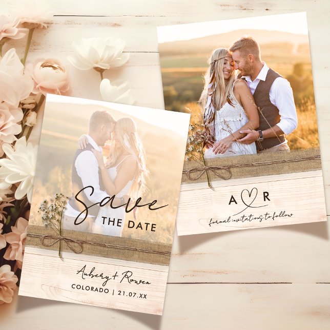 Rustic Neutral Burlap Wood Wildflower Boho Photo Save The Date (Creator Uploaded)