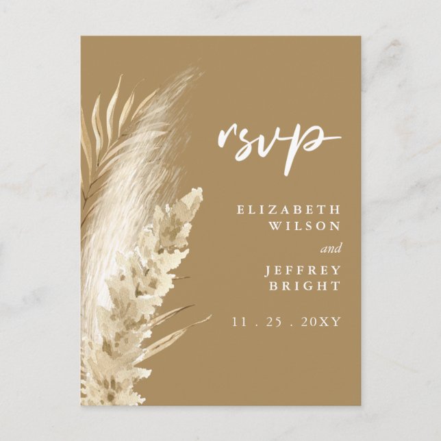 Rustic Neutral Earthy Boho Pampas Grass RSVP Invitation Postcard (Front)