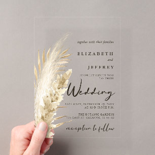 Rustic Neutral Earthy Boho Pampas Grass Wedding Acrylic Invitations
