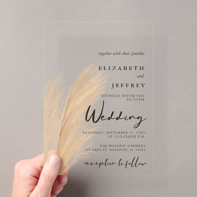 Rustic Neutral Earthy Boho Pampas Grass Wedding In Acrylic Invitations (Insitu (Handheld))
