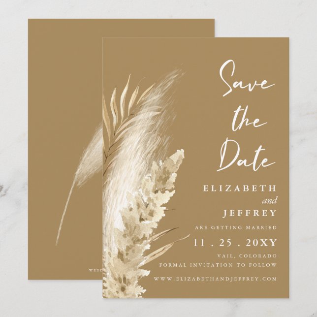 Rustic Neutral Earthy Boho Pampas Save the Date   Announcement (Front/Back)