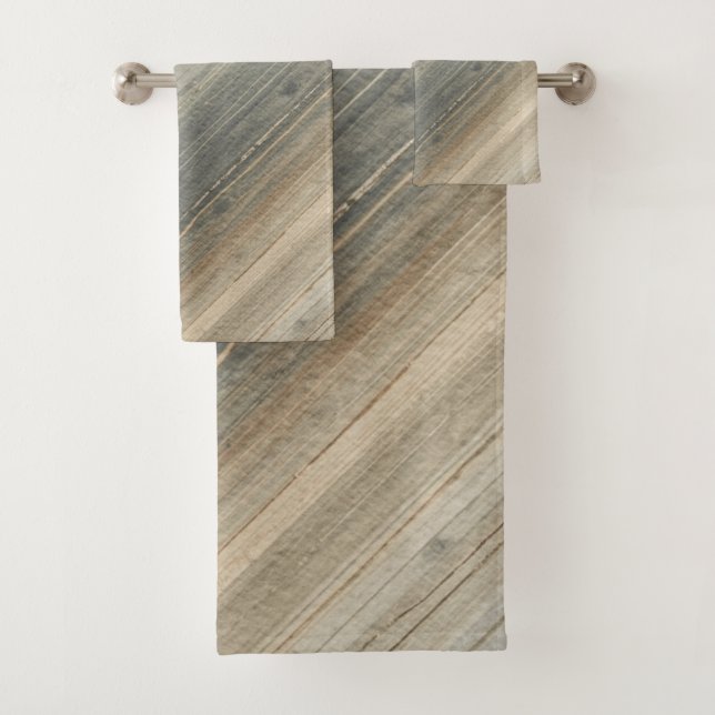 Rustic Neutral Gray Brown Abstract Stripe Bath Towel Set (Insitu)