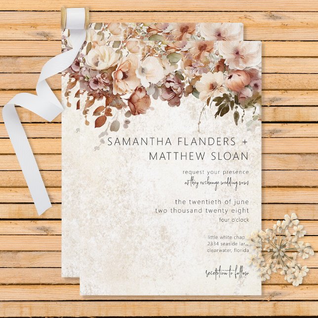 Rustic Neutral & Pink Floral Drop Wedding Invitation (Creator Uploaded)