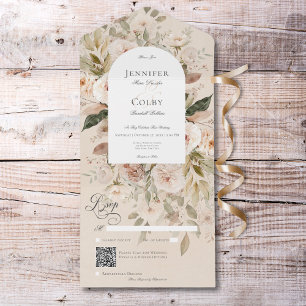 Rustic Neutral Tan & Cream Floral Arch QR Code All In One Invitation