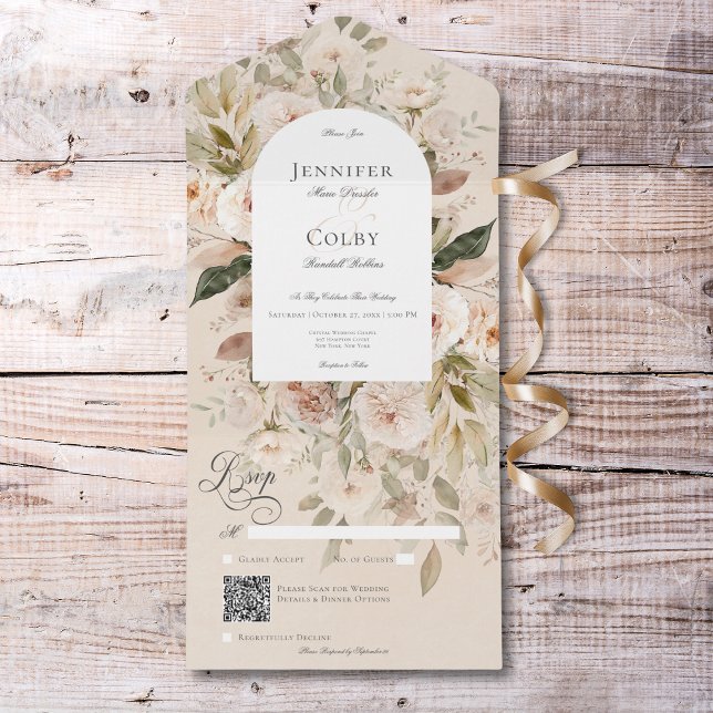 Rustic Neutral Tan & Cream Floral Arch QR Code All In One Invitation (Rustic Neutral Tan & Cream Floral Arch QR Code All In One Invitation)