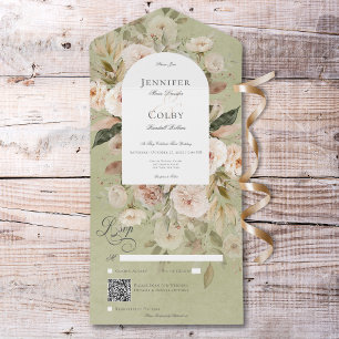 Rustic Neutral Tan & Green Floral Arch QR Code All In One Invitation