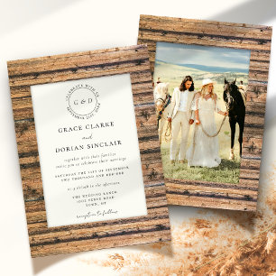 Rustic Neutral Wood Frame Ivory Boho Photo Wedding Invitation