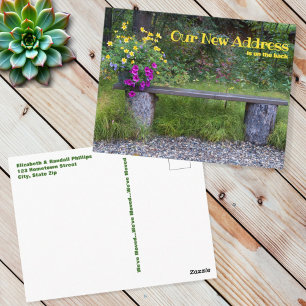 Rustic New Address Announcement Lush Flowers Bench Postcard