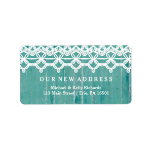 Rustic New Address Teal Wood Look with White Lace Label