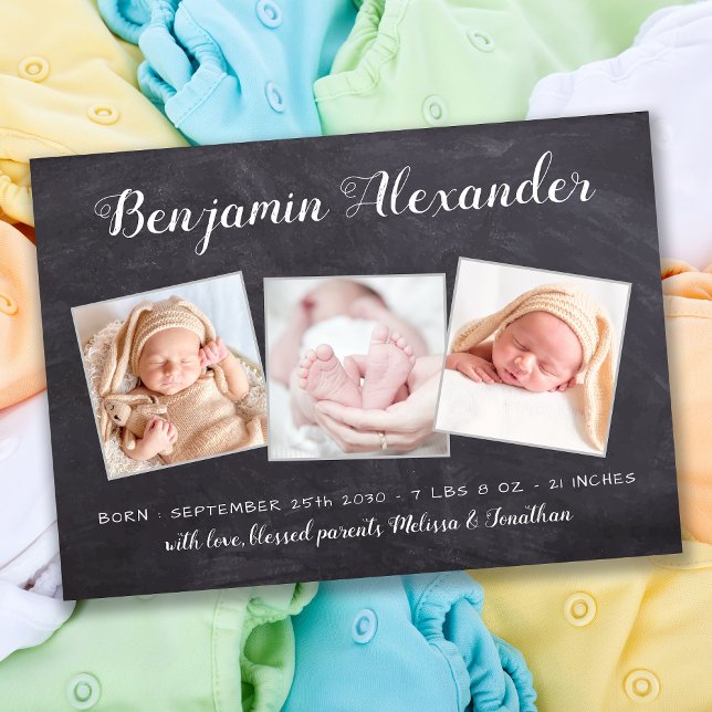 Rustic New Baby Chalkboard 3 Photo Birth Announcement (Creator Uploaded)