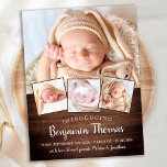 Rustic New Baby Custom 4 Photo Birth Announcement Postcard<br><div class="desc">Announce your new baby to friends and family with these elegant and modern photo collage birth announcement cards. Customize with 4 of your favourite photos, and personalize with name, born date, birth stats. COPYRIGHT © 2020 Judy Burrows, Black Dog Art - All Rights Reserved. Rustic New Baby Custom 4 Photo...</div>