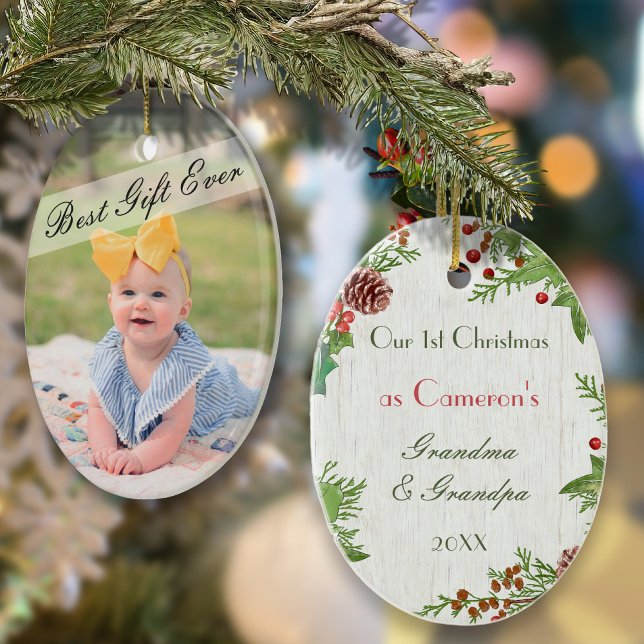 Rustic New Grandparents 1st Christmas Photo  Ceramic Ornament (Creator Uploaded)