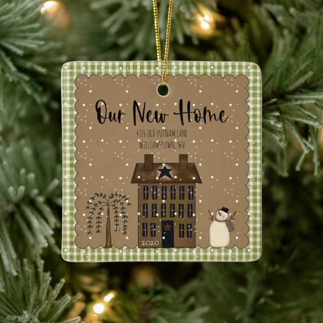 RUSTIC NEW HOME SALTBOX HOUSE PERSONALIZED COUNTRY CERAMIC ORNAMENT (Tree)