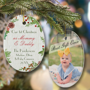 Rustic New Mom & Dad 1st Christmas Photo Ceramic Ornament