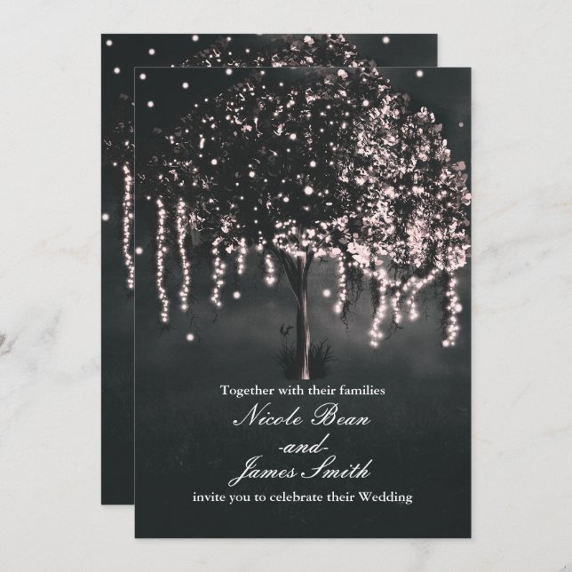 Rustic Night Mossy Tree Lights Mariage Invitations (Devant / Derrière)