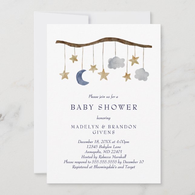 Rustic Night Sky Moon and Stars Mobile Baby Shower Invitation (Front)