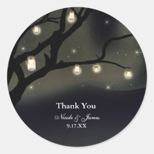 Rustic Night Tree & Mason Jar Lights Wedding Favou Classic Round Sticker