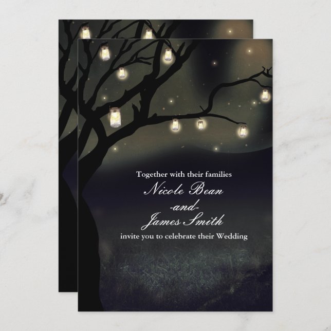 Rustic Night Tree & Mason Jar Lights Wedding Invitation (Front/Back)
