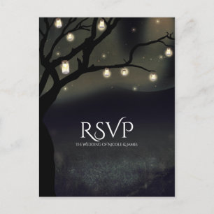 Rustic Night Tree & Mason Jar Lights Wedding RSVP Invitation Postcard
