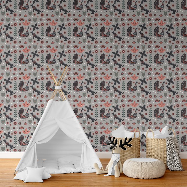 Rustic Nordic Floral Bird and Fox Pattern Wallpaper (Creator Uploaded)