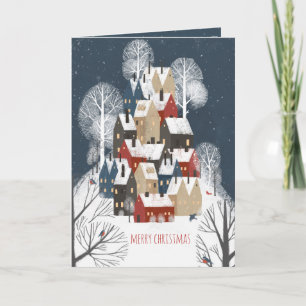 Rustic Nordic Houses Mountain Ski Village Holiday Card