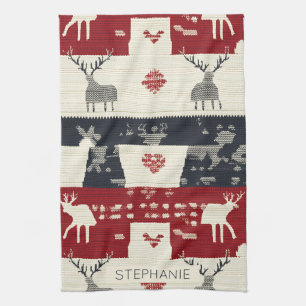 Rustic Nordic Reindeer & Snowflake   Knit Pattern Kitchen Towel