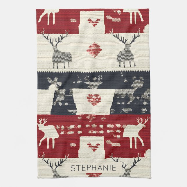 Rustic Nordic Reindeer & Snowflake | Knit Pattern Kitchen Towel (Vertical)