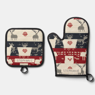 Rustic Nordic Reindeer & Snowflake   Knit Pattern Oven Mitt & Pot Holder Set
