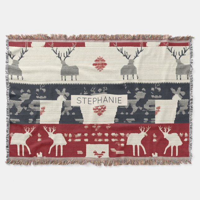 Rustic Nordic Reindeer & Snowflake | Knit Pattern Throw Blanket (Front)