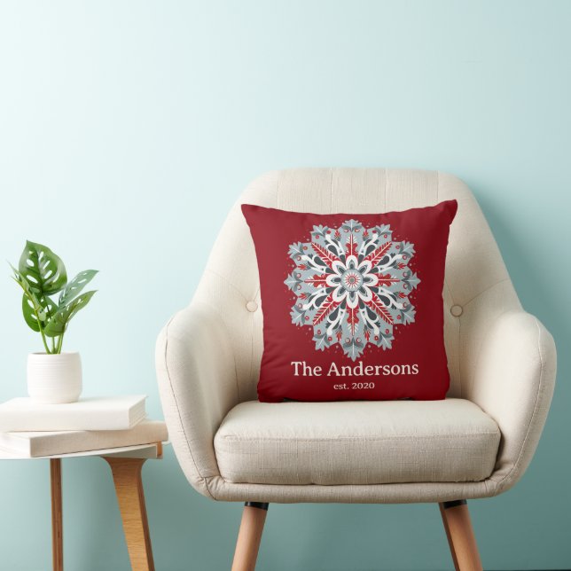 Rustic Nordic Snowflake Custom Family Name Throw Pillow (Chair)