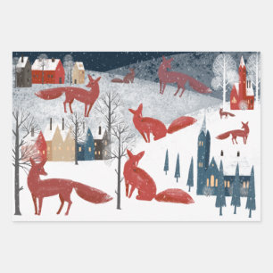 Rustic Nordic Winter Red Fox Snow Mountain Village Wrapping Paper Sheet