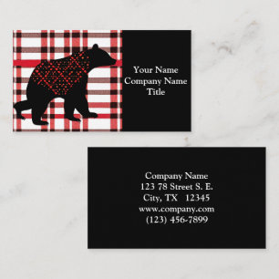 Rustic Northwoods Black Bear Silhouette On Plaid Business Card