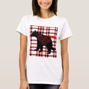 Rustic Northwoods Black Bear Silhouette On Plaid T-Shirt