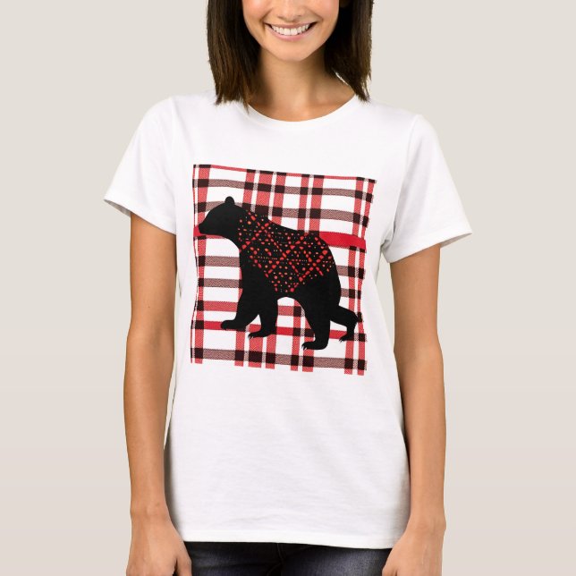 Rustic Northwoods Black Bear Silhouette On Plaid T-Shirt (Front)