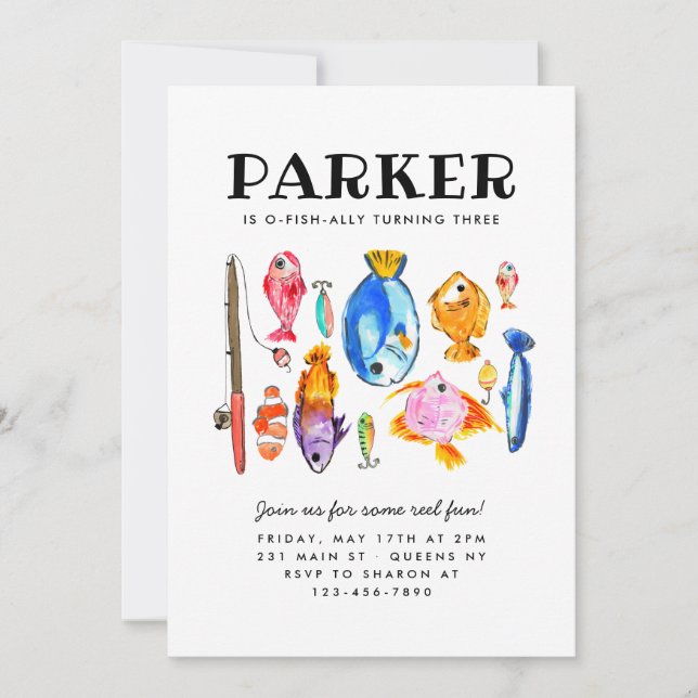 Rustic O-Fish-al Reel Fun Fish Fishing Birthday Invitation (Front)