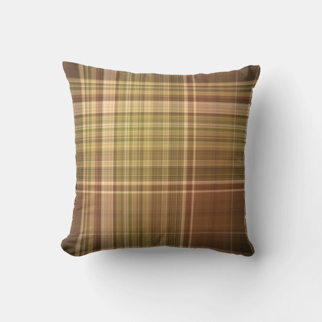 Rustic Oak Brown and Olive Plaid Throw Pillow (Front)