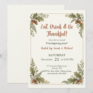 Rustic Oak Leaf Acorn Friendsgiving Dinner Invitation