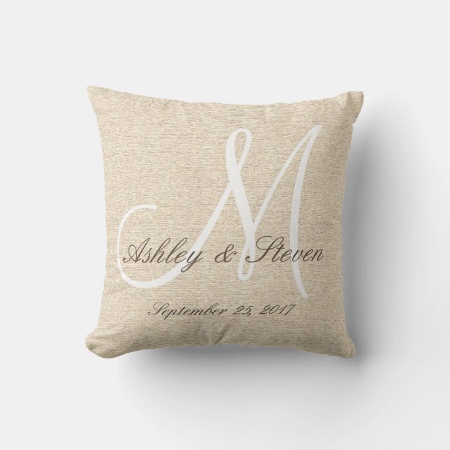 Rustic Oak Linen Look with White Monogram Throw Pillow (Front)