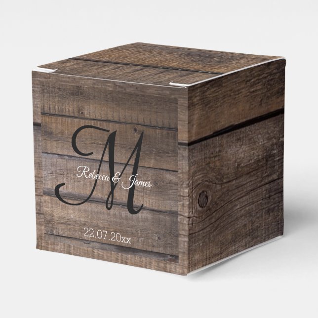 Rustic Oak Monogram Script Wedding Thank You Favor Box (Front Side)
