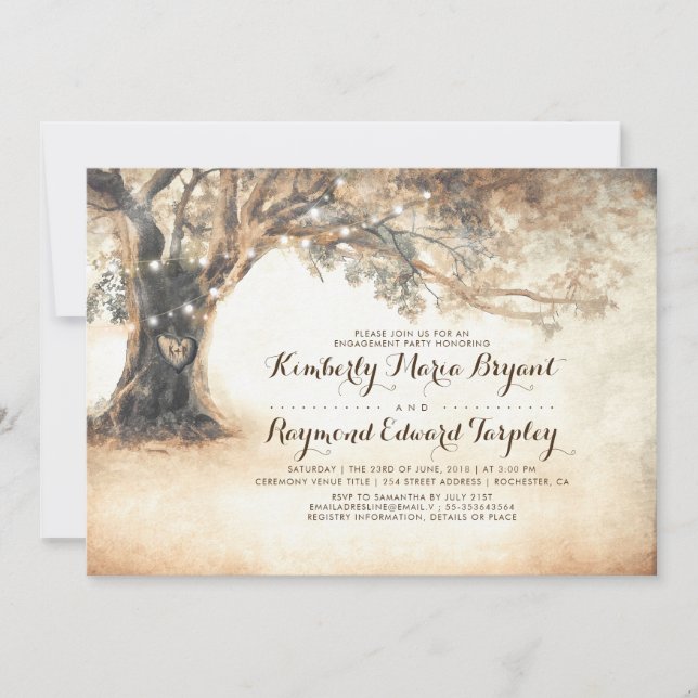 Rustic Oak Tree and Carved Heart Engagement Party Invitation (Front)