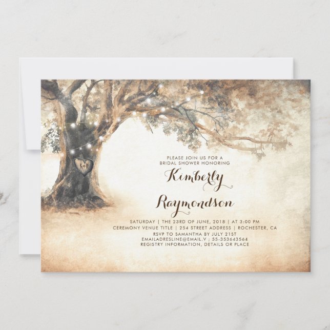 Rustic Oak Tree and String Lights Bridal Shower Invitation (Front)