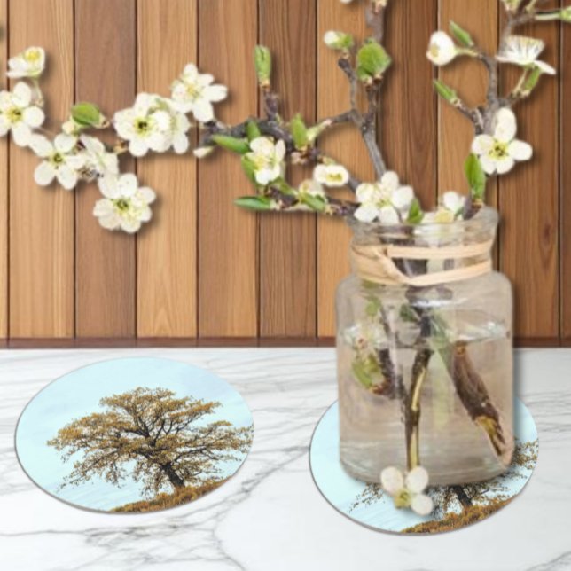 Rustic Oak Tree Autumn Wedding Round Paper Coaster (Creator Uploaded)