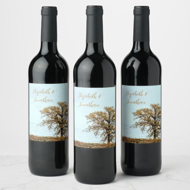 Rustic Oak Tree Autumn Wedding Wine Label (Bottles)