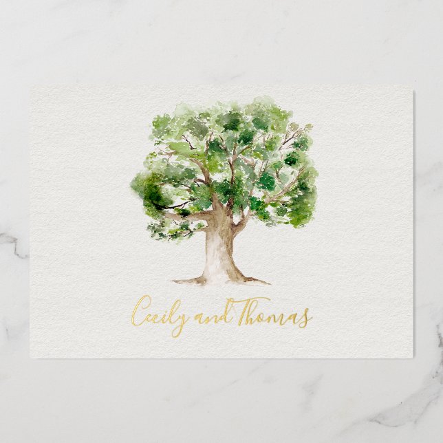 Rustic Oak Tree Foil Wedding Holiday Card (Front)