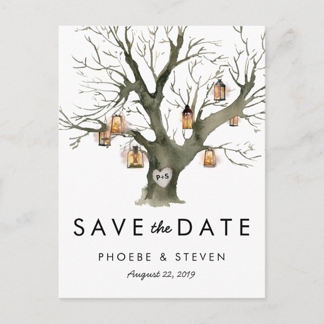 Rustic Oak Tree Lanterns Wedding Save the Date Announcement Postcard (Front)