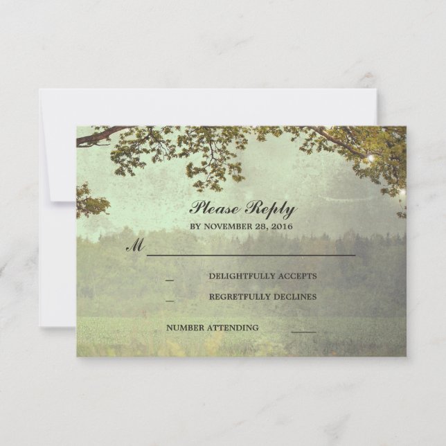 Rustic Oak Tree Lights Wedding RSVP (Front)