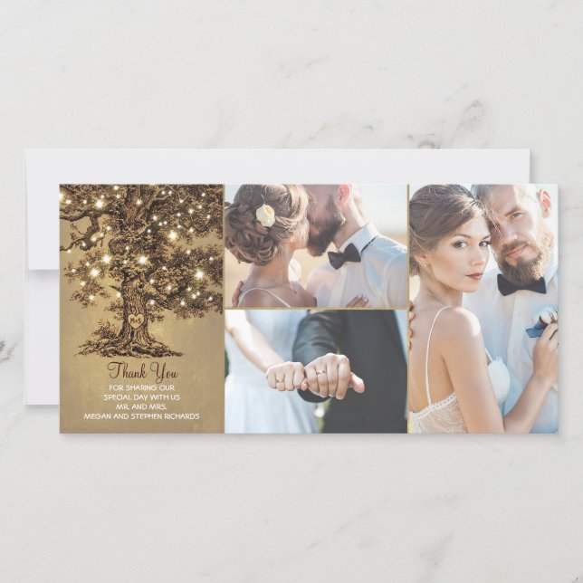 Rustic Oak Tree Lights Wedding Thank You Card (Front)