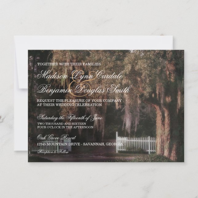 Rustic Oak Tree Picket Fence Wedding Invitations (Front)