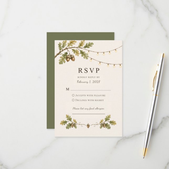 Rustic Oak Tree Themed Hanging Lights Wedding RSVP Card (Front/Back In Situ)